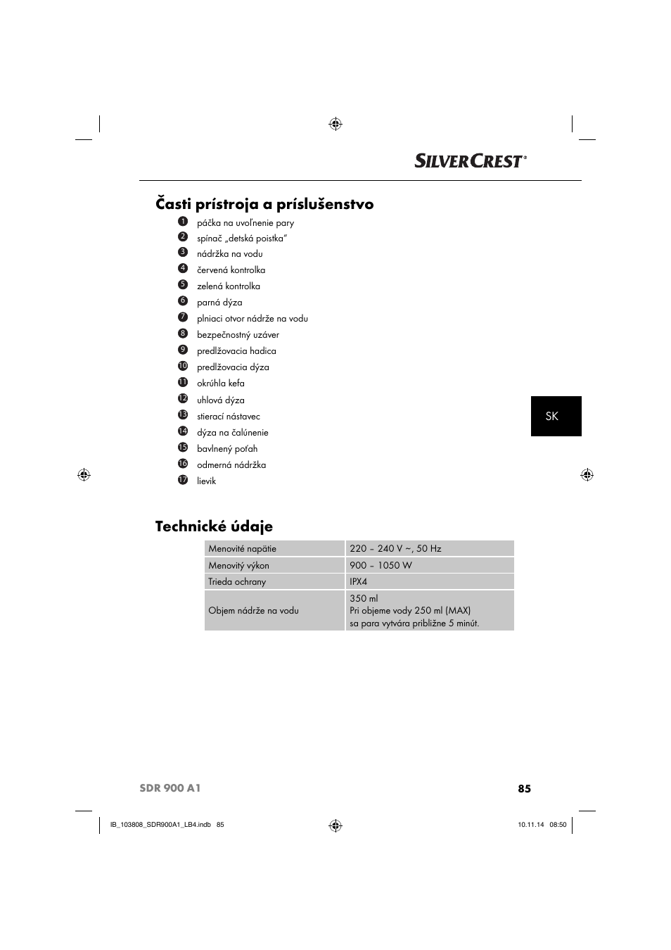 Časti prístroja a príslušenstvo, Technické údaje | Silvercrest SDR 900 A1 User Manual | Page 88 / 116