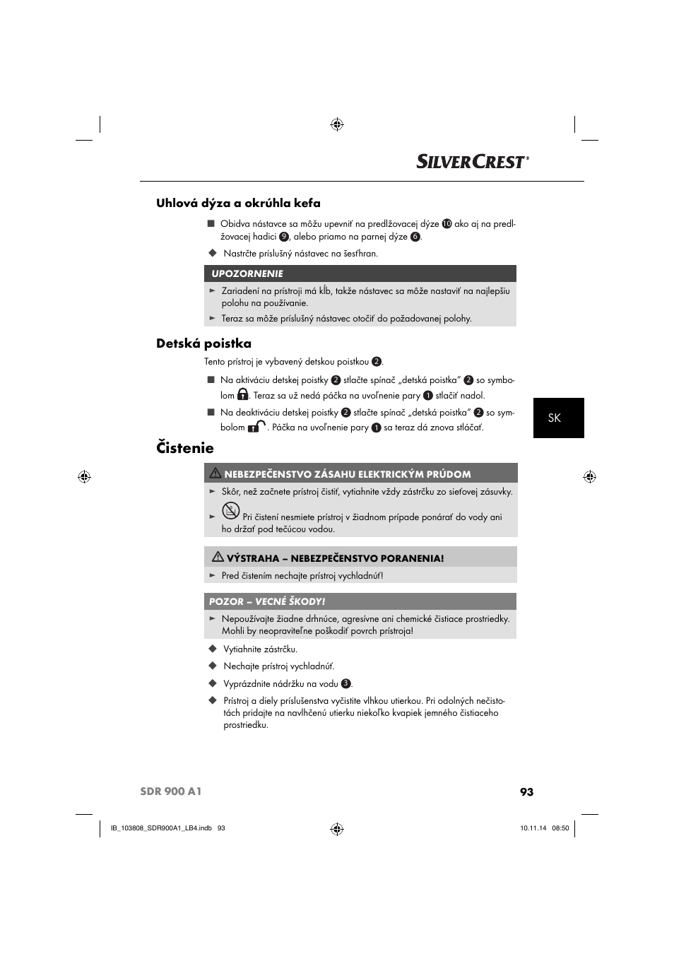 Čistenie, Detská poistka, Sk uhlová dýza a okrúhla kefa | Silvercrest SDR 900 A1 User Manual | Page 96 / 116