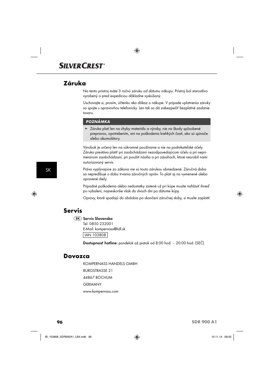 Záruka, Servis, Dovozca | Silvercrest SDR 900 A1 User Manual | Page 99 / 116