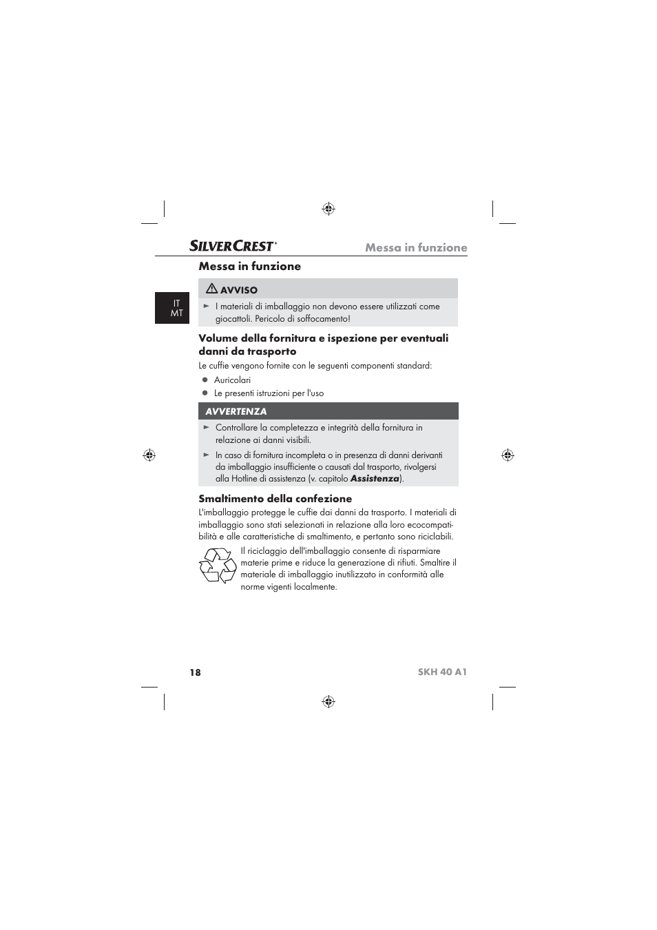 Messa in funzione, Smaltimento della confezione | Silvercrest SKH 40 A1 User Manual | Page 20 / 62