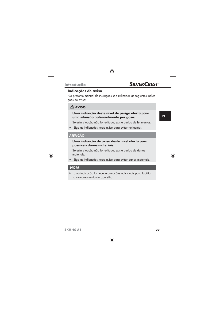 Introdução, Indicações de aviso | Silvercrest SKH 40 A1 User Manual | Page 29 / 62