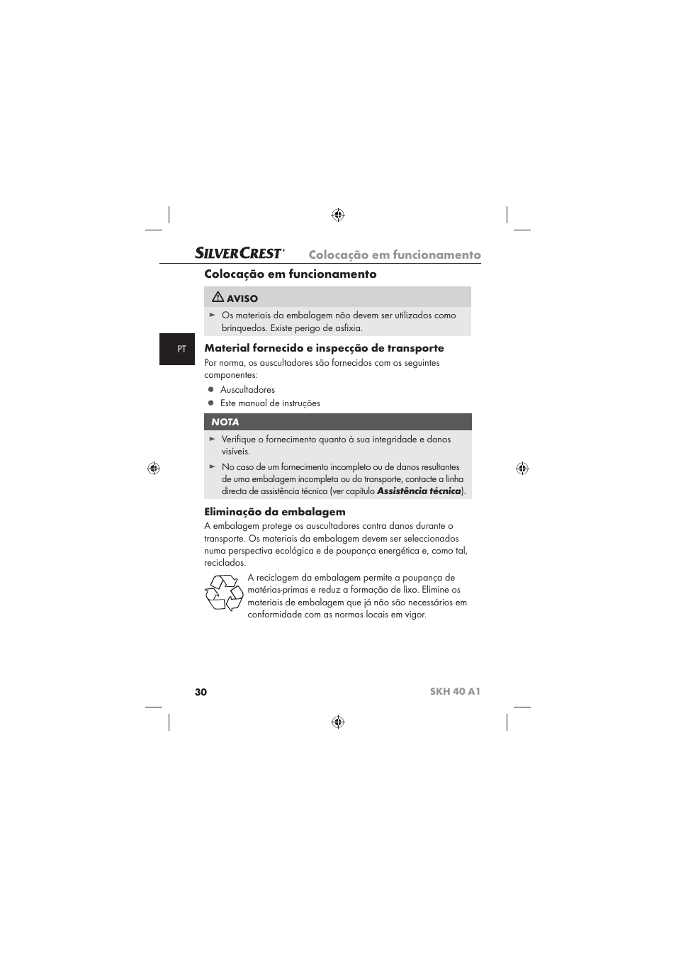 Colocação em funcionamento, Material fornecido e inspecção de transporte, Eliminação da embalagem | Silvercrest SKH 40 A1 User Manual | Page 32 / 62