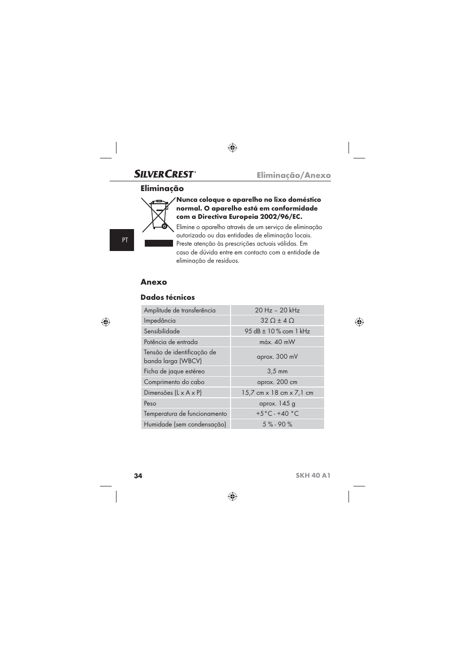 Eliminação/anexo, Eliminação, Anexo | Dados técnicos | Silvercrest SKH 40 A1 User Manual | Page 36 / 62