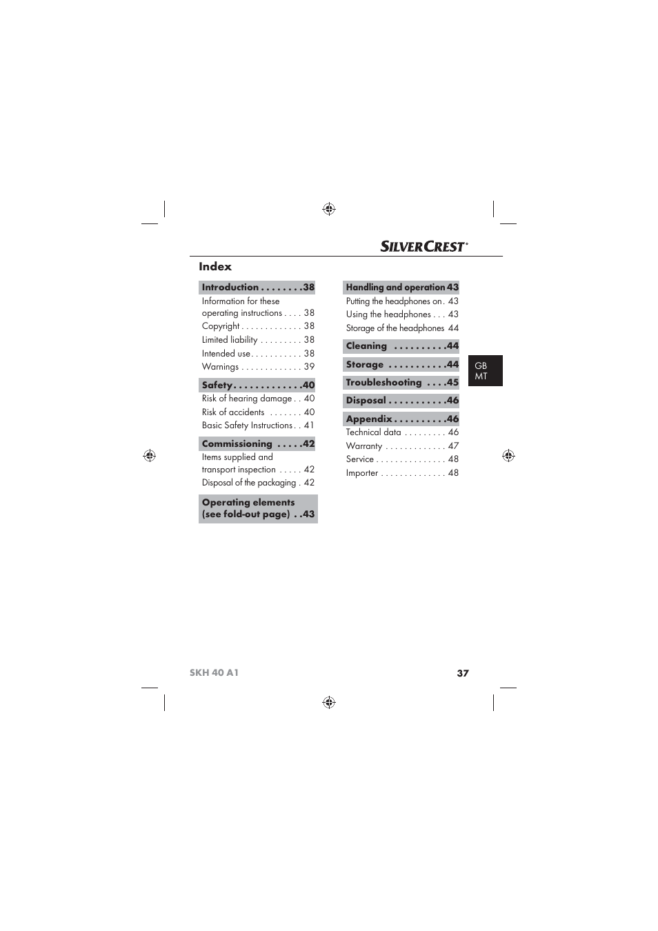 Index | Silvercrest SKH 40 A1 User Manual | Page 39 / 62
