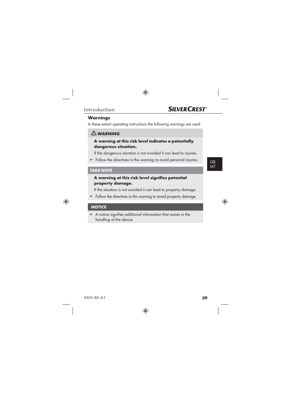 Introduction, Warnings | Silvercrest SKH 40 A1 User Manual | Page 41 / 62