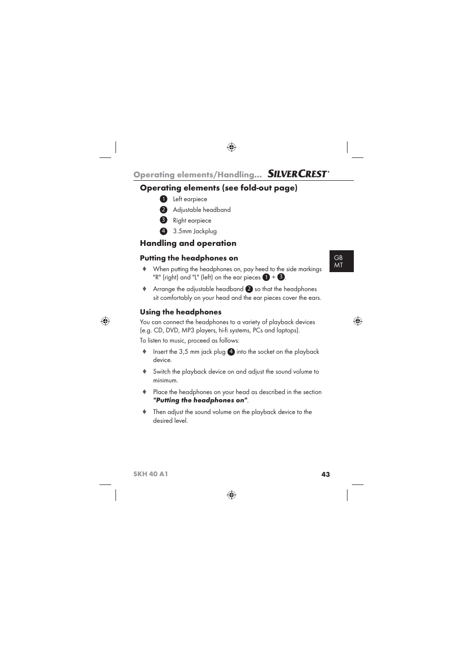 Operating elements/handling, Operating elements (see fold-out page), Handling and operation | Putting the headphones on, Using the headphones | Silvercrest SKH 40 A1 User Manual | Page 45 / 62