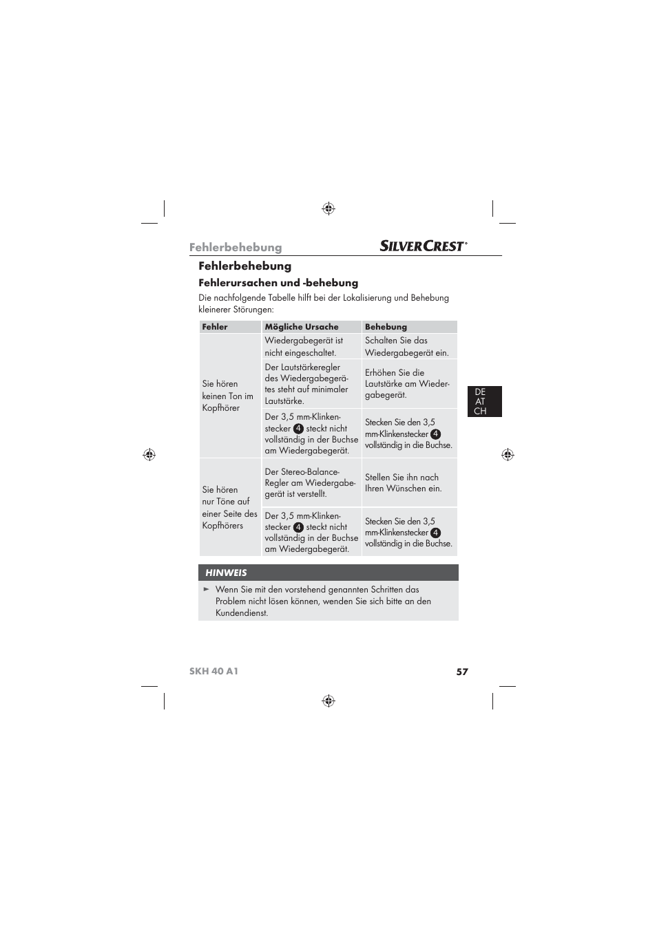 Fehlerbehebung, Fehlerursachen und -behebung | Silvercrest SKH 40 A1 User Manual | Page 59 / 62