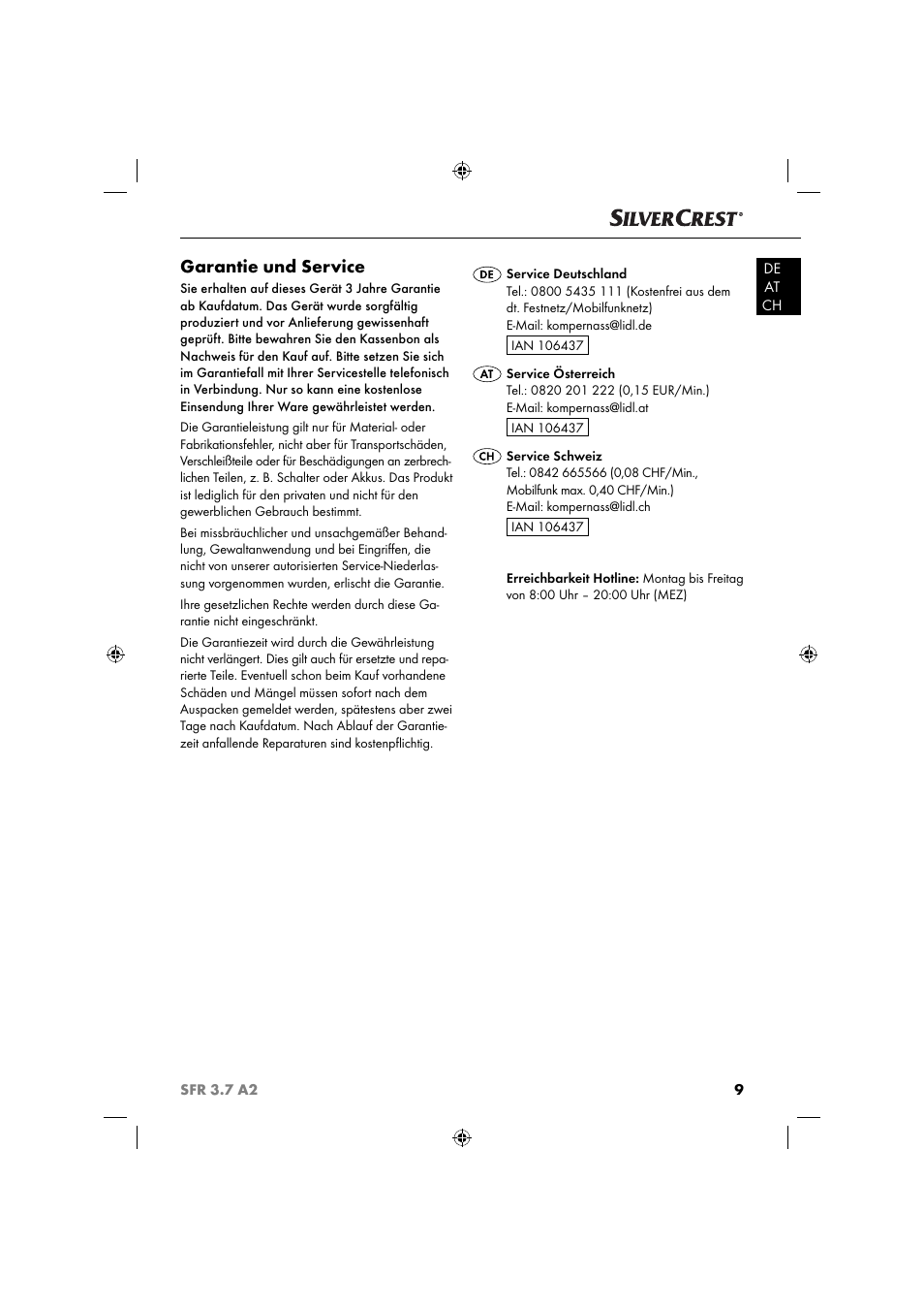 Garantie und service | Silvercrest SFR 3.7 A2 User Manual | Page 12 / 44