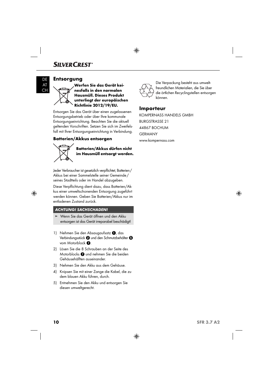 Entsorgung, Importeur | Silvercrest SFR 3.7 A2 User Manual | Page 13 / 44
