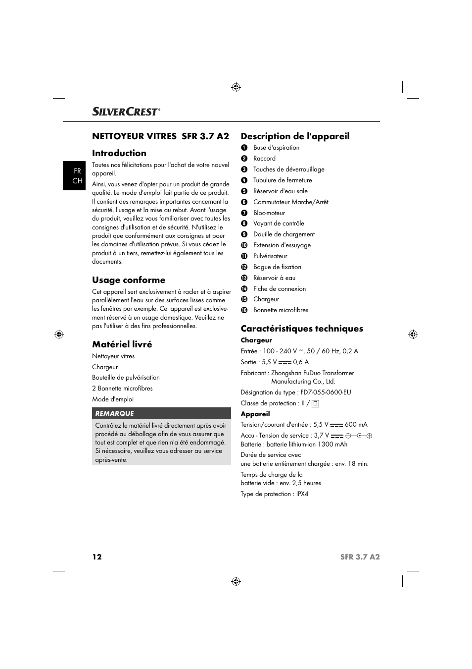 Nettoyeur vitres sfr 3.7 a2 introduction, Usage conforme, Matériel livré | Description de l'appareil, Caractéristiques techniques | Silvercrest SFR 3.7 A2 User Manual | Page 15 / 44