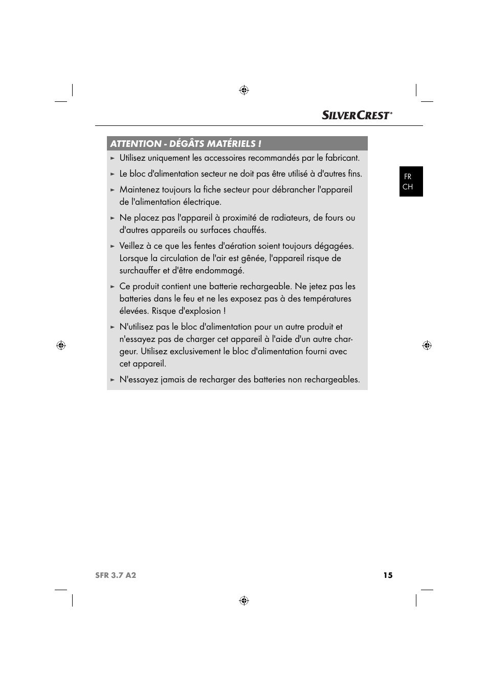 Attention - dégâts matériels | Silvercrest SFR 3.7 A2 User Manual | Page 18 / 44