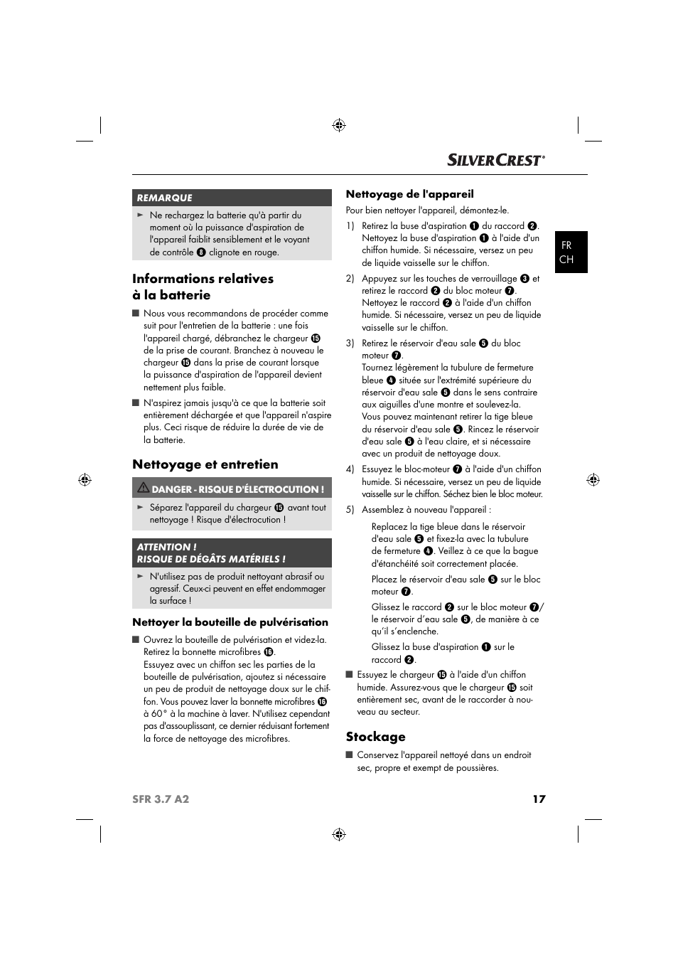 Informations relatives à la batterie, Nettoyage et entretien, Stockage | Silvercrest SFR 3.7 A2 User Manual | Page 20 / 44
