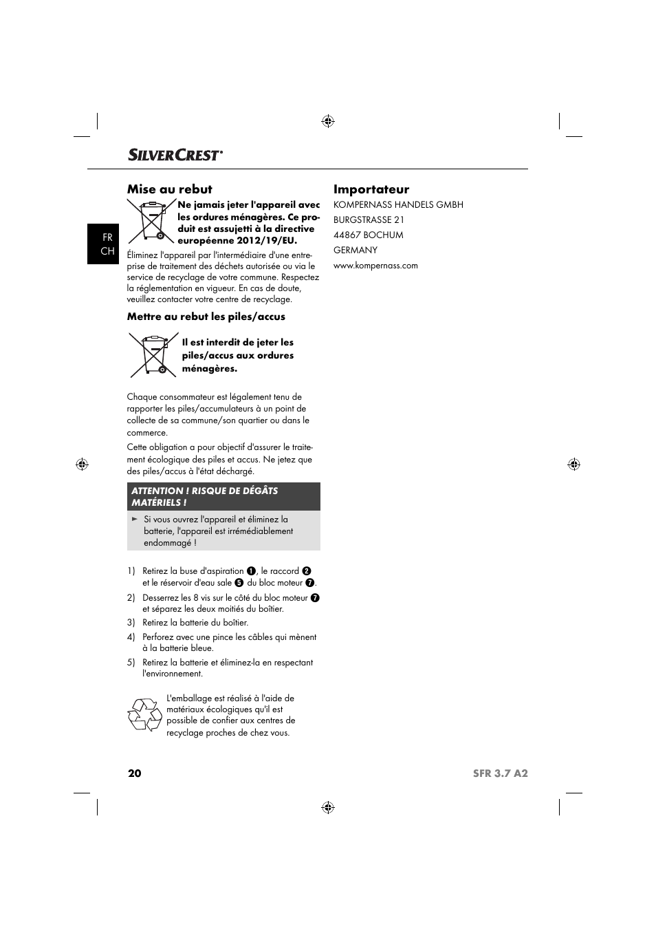 Mise au rebut, Importateur | Silvercrest SFR 3.7 A2 User Manual | Page 23 / 44