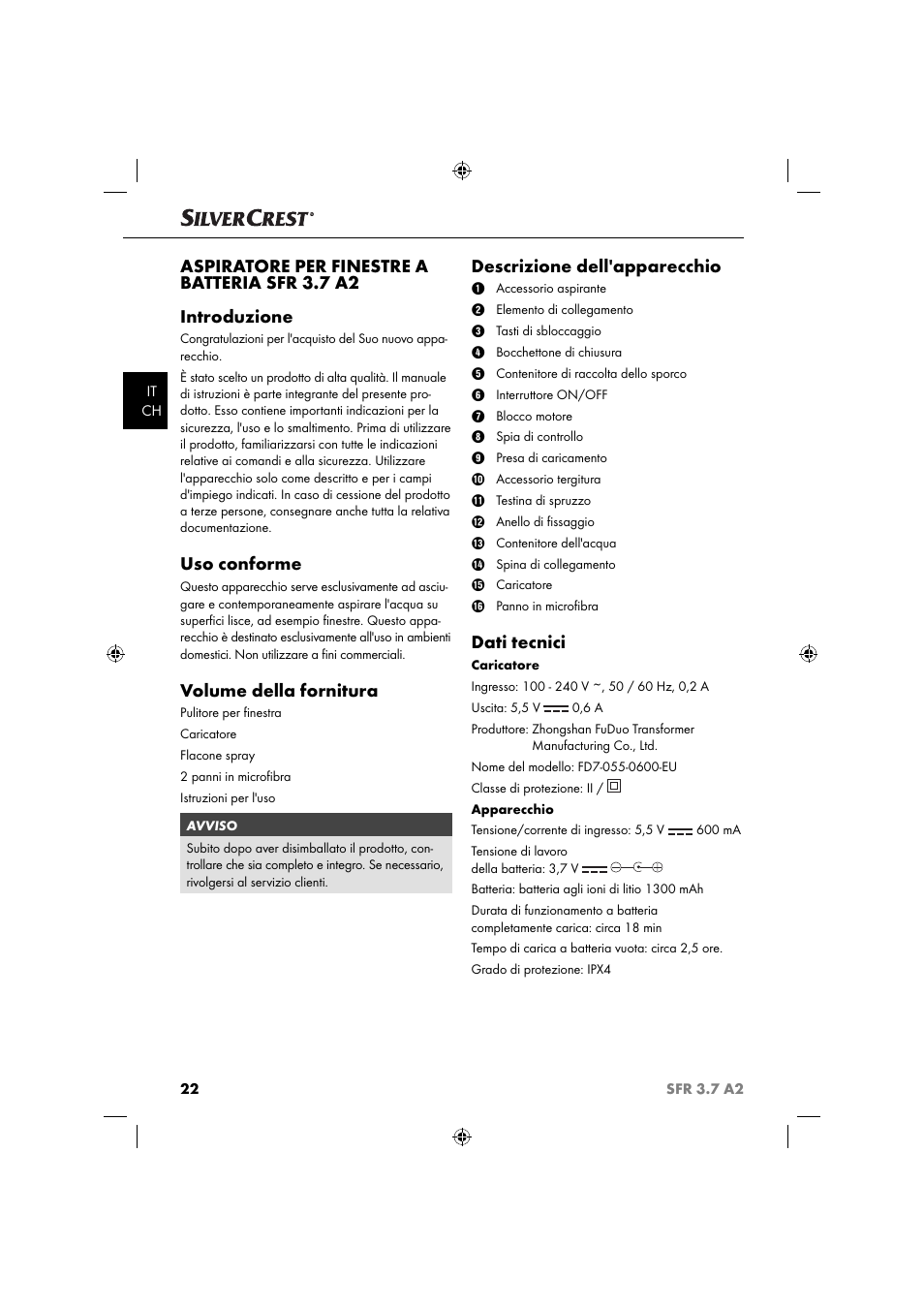 Uso conforme, Volume della fornitura, Descrizione dell'apparecchio | Dati tecnici | Silvercrest SFR 3.7 A2 User Manual | Page 25 / 44