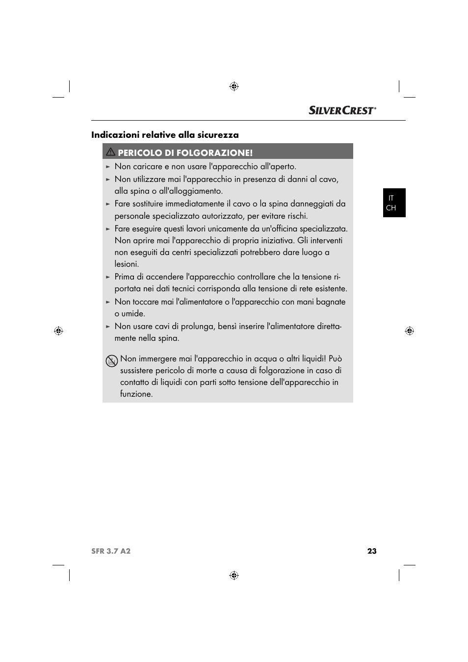 Non caricare e non usare l'apparecchio all'aperto | Silvercrest SFR 3.7 A2 User Manual | Page 26 / 44