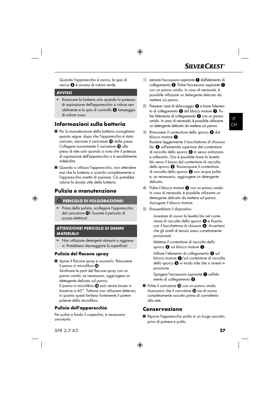 Informazioni sulla batteria, Pulizia e manutenzione, Conservazione | Silvercrest SFR 3.7 A2 User Manual | Page 30 / 44