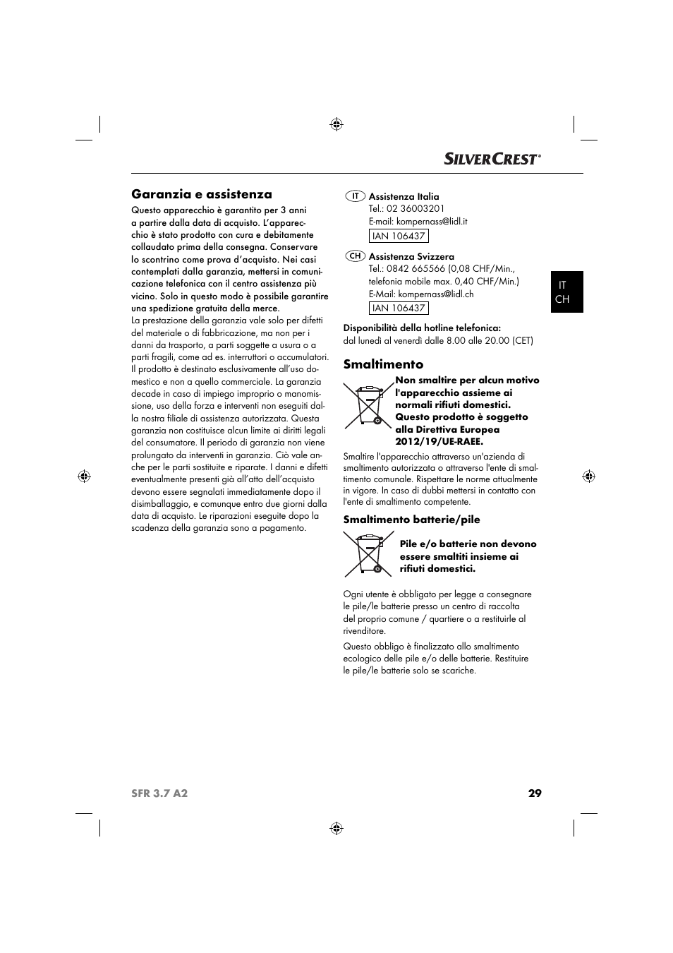 Garanzia e assistenza, Smaltimento | Silvercrest SFR 3.7 A2 User Manual | Page 32 / 44