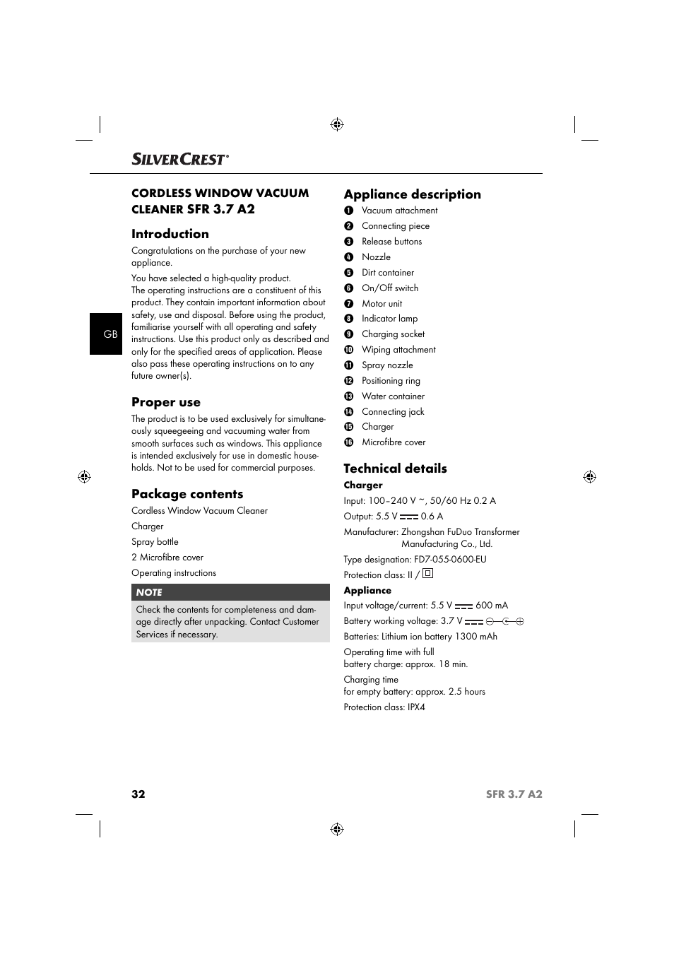 Sfr 3.7 a2 introduction, Proper use, Package contents | Appliance description, Technical details, Cordless window vacuum cleaner | Silvercrest SFR 3.7 A2 User Manual | Page 35 / 44