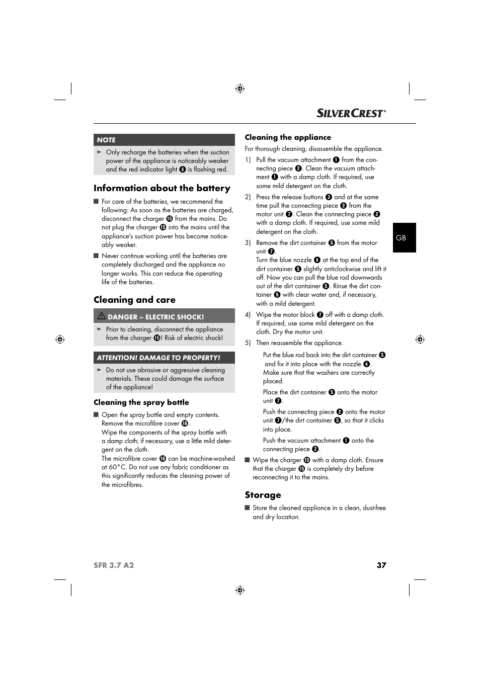 Information about the battery, Cleaning and care, Storage | Silvercrest SFR 3.7 A2 User Manual | Page 40 / 44