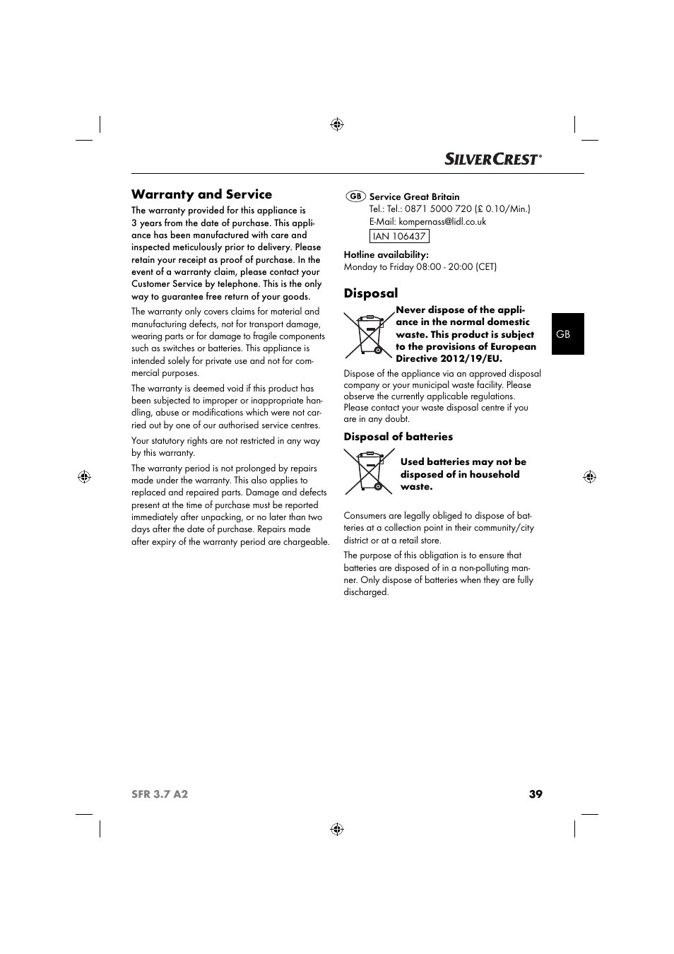 Warranty and service, Disposal | Silvercrest SFR 3.7 A2 User Manual | Page 42 / 44