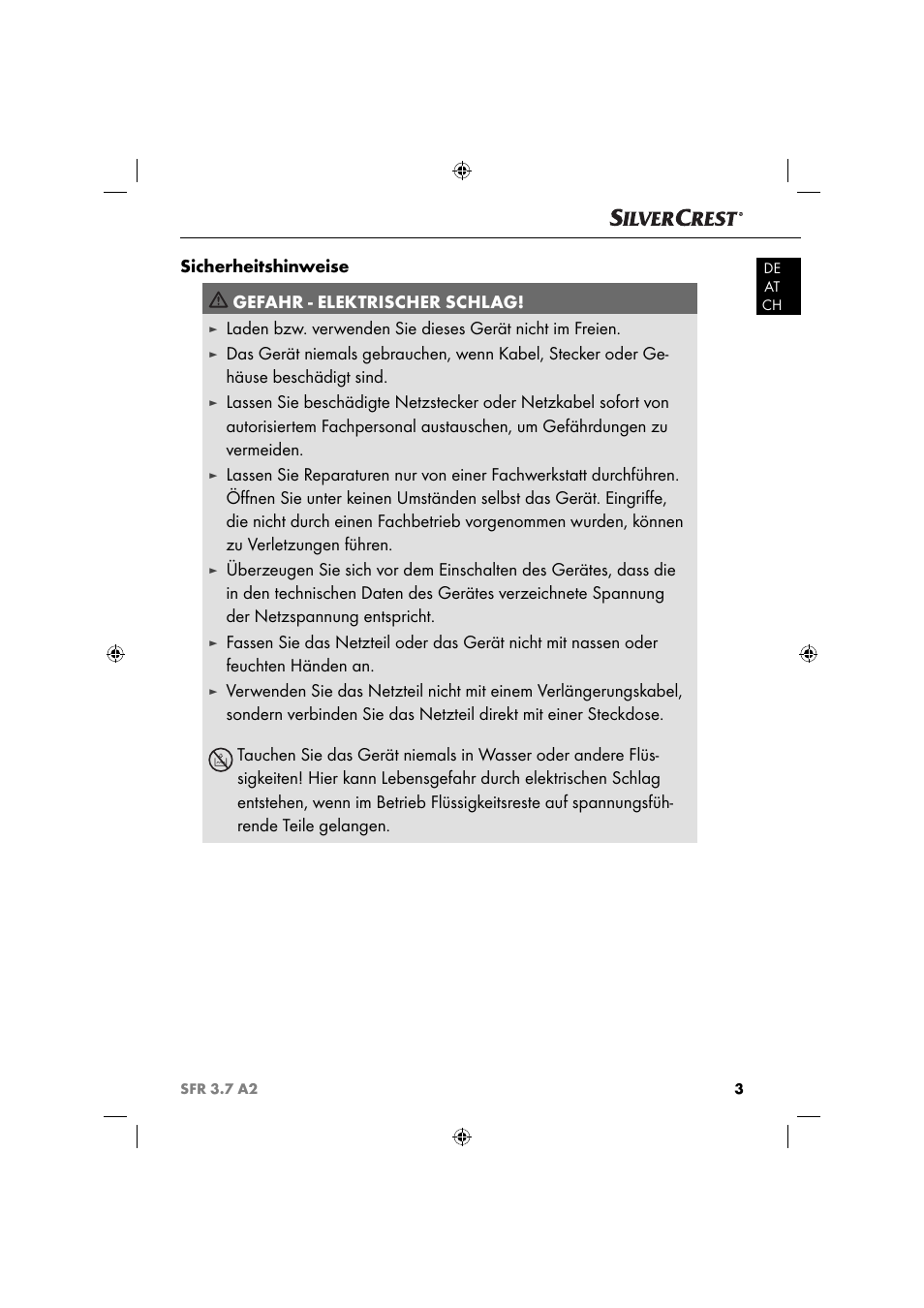 Sicherheitshinweise gefahr - elektrischer schlag | Silvercrest SFR 3.7 A2 User Manual | Page 6 / 44