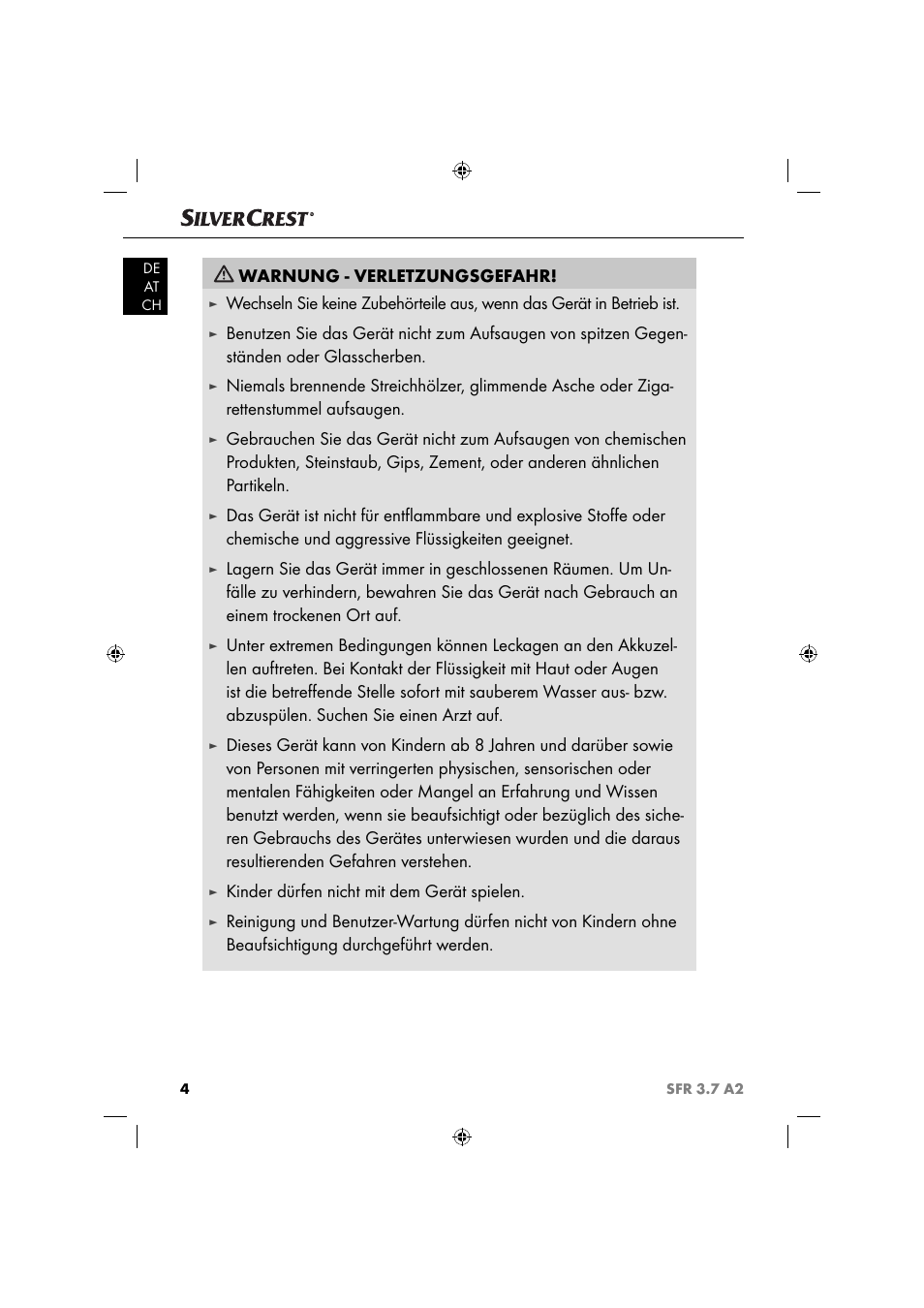 Warnung - verletzungsgefahr, Kinder dürfen nicht mit dem gerät spielen | Silvercrest SFR 3.7 A2 User Manual | Page 7 / 44