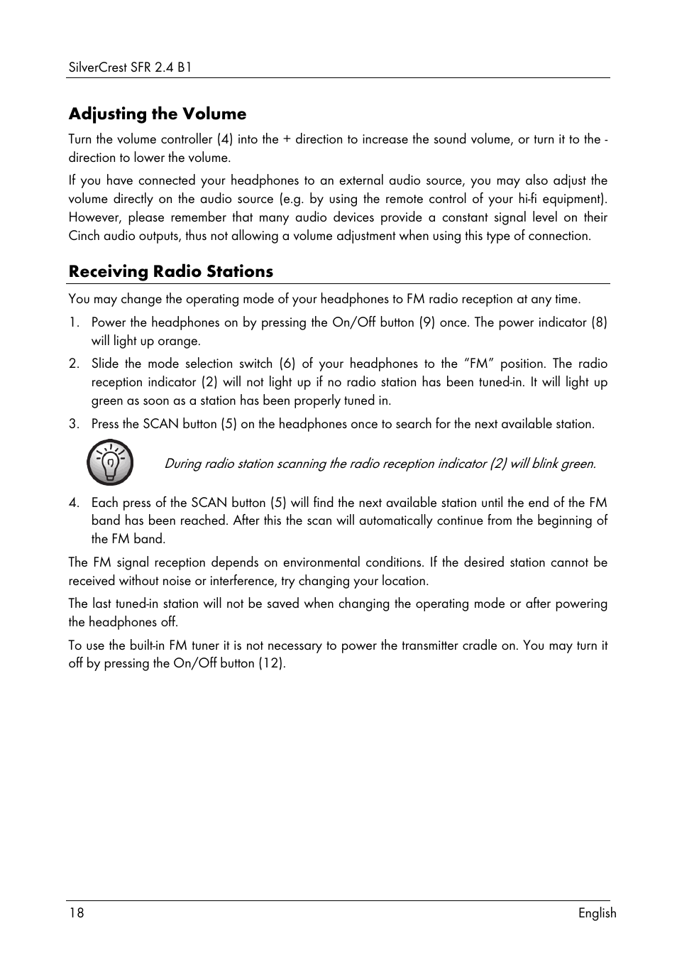 Adjusting the volume, Receiving radio stations | Silvercrest SFR 2.4 B1 User Manual | Page 20 / 76