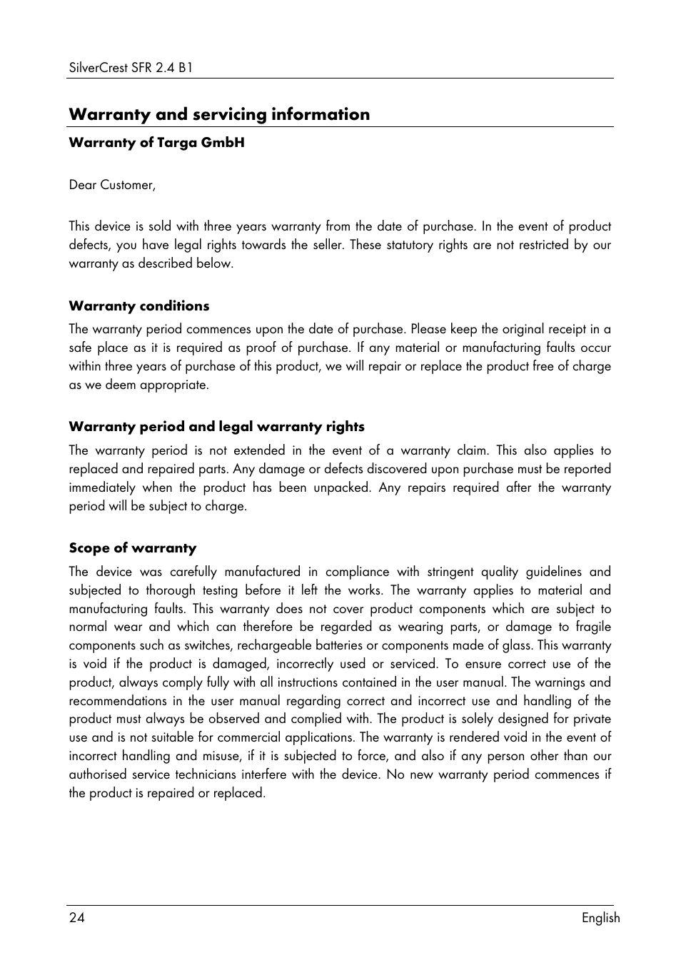Warranty and servicing information | Silvercrest SFR 2.4 B1 User Manual | Page 26 / 76