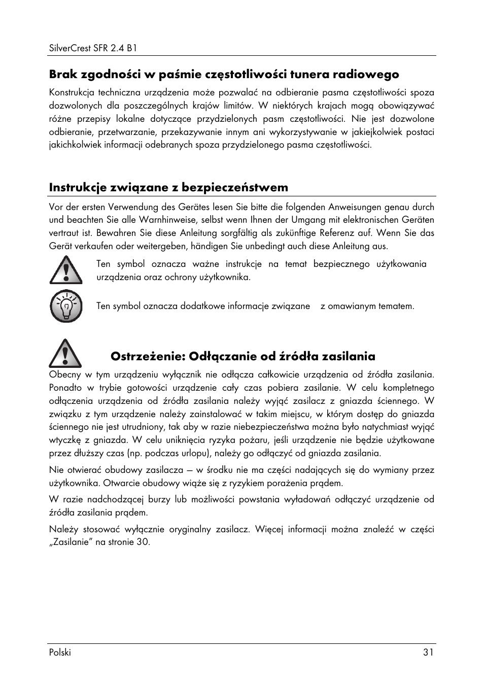 Instrukcje związane z bezpieczeństwem, Ostrzeżenie: odłączanie od źródła zasilania | Silvercrest SFR 2.4 B1 User Manual | Page 33 / 76