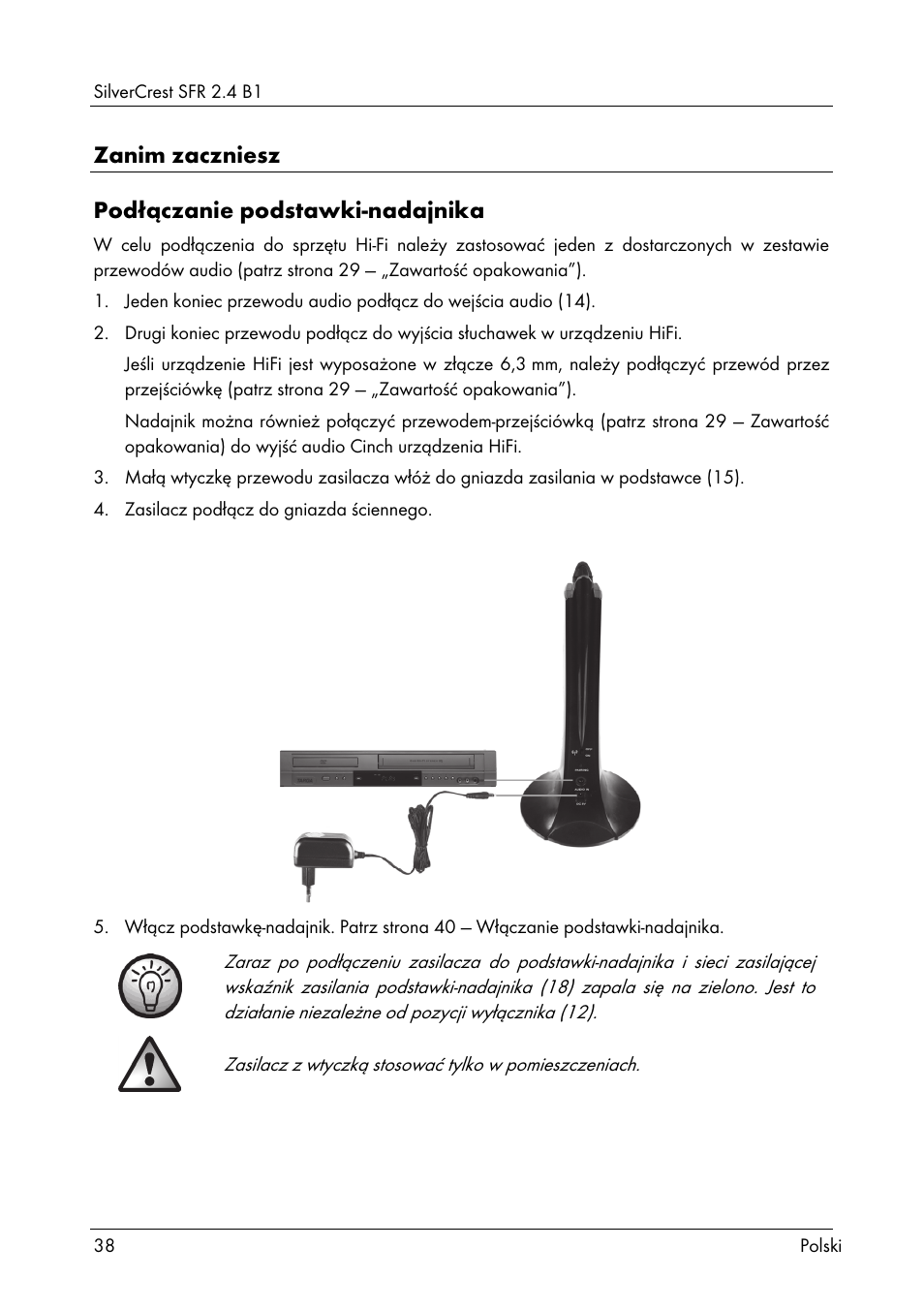 Zanim zaczniesz podłączanie podstawki-nadajnika | Silvercrest SFR 2.4 B1 User Manual | Page 40 / 76