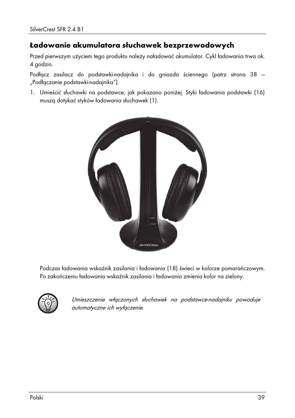 Ładowanie akumulatora słuchawek bezprzewodowych | Silvercrest SFR 2.4 B1 User Manual | Page 41 / 76