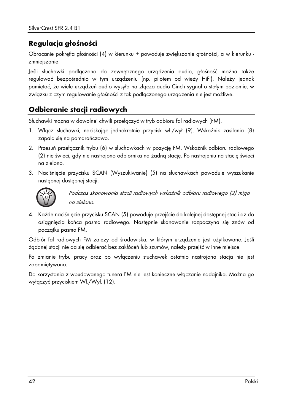 Regulacja głośności, Odbieranie stacji radiowych | Silvercrest SFR 2.4 B1 User Manual | Page 44 / 76