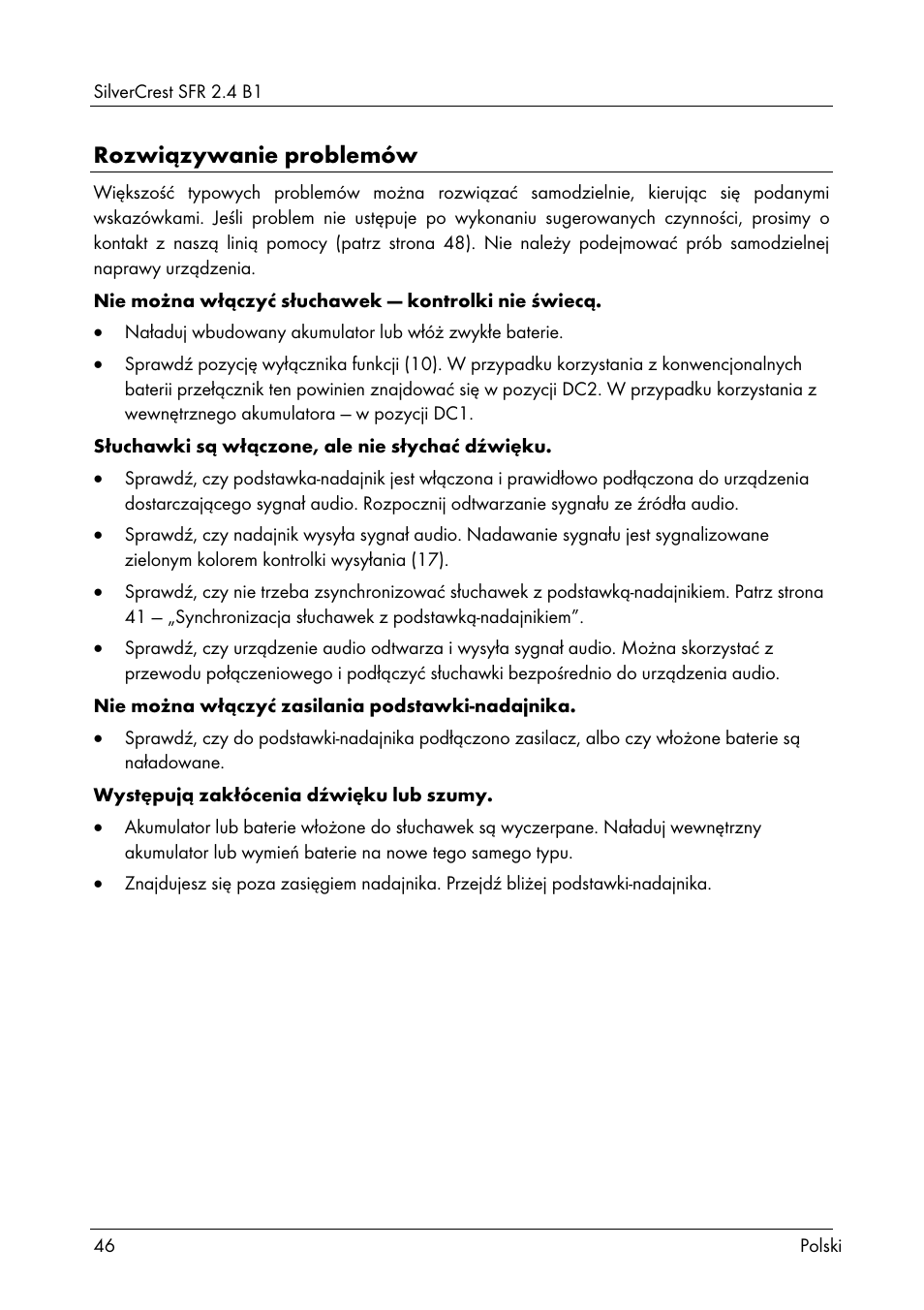 Rozwiązywanie problemów | Silvercrest SFR 2.4 B1 User Manual | Page 48 / 76