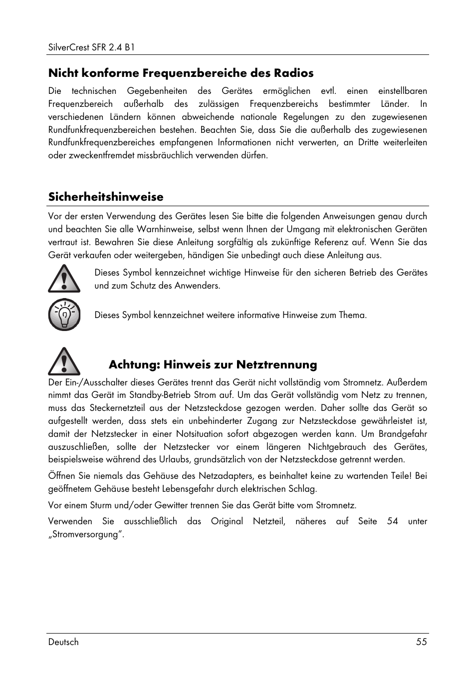 Nicht konforme frequenzbereiche des radios, Sicherheitshinweise, Achtung: hinweis zur netztrennung | Silvercrest SFR 2.4 B1 User Manual | Page 57 / 76