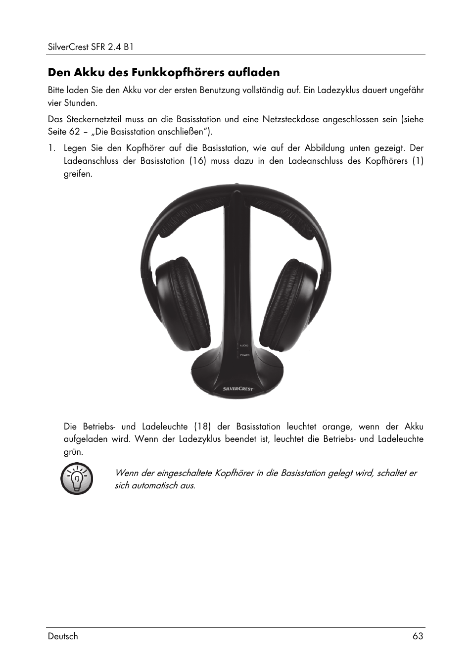 Den akku des funkkopfhörers aufladen | Silvercrest SFR 2.4 B1 User Manual | Page 65 / 76