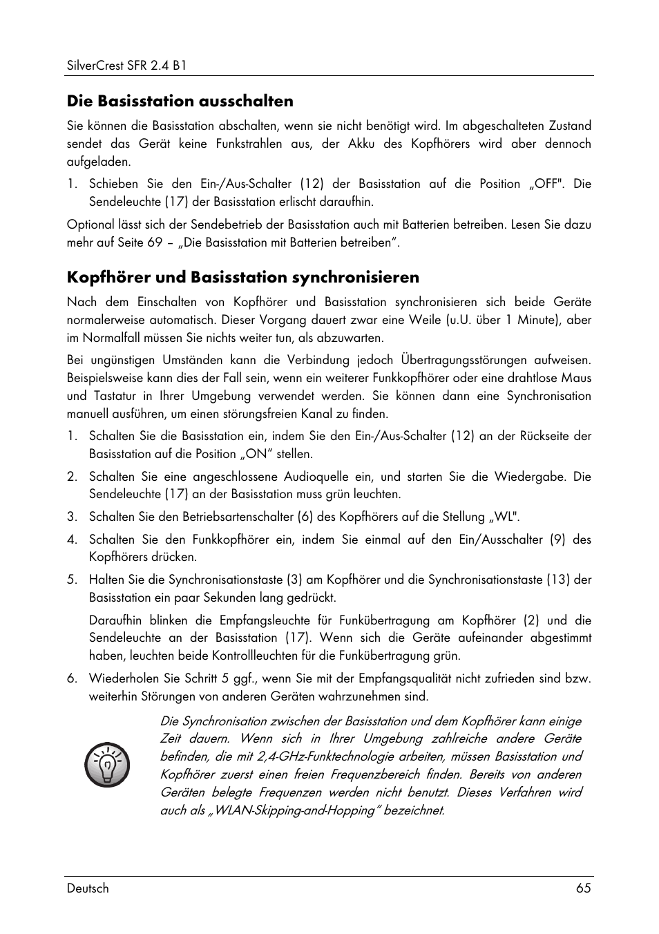 Die basisstation ausschalten, Kopfhörer und basisstation synchronisieren | Silvercrest SFR 2.4 B1 User Manual | Page 67 / 76