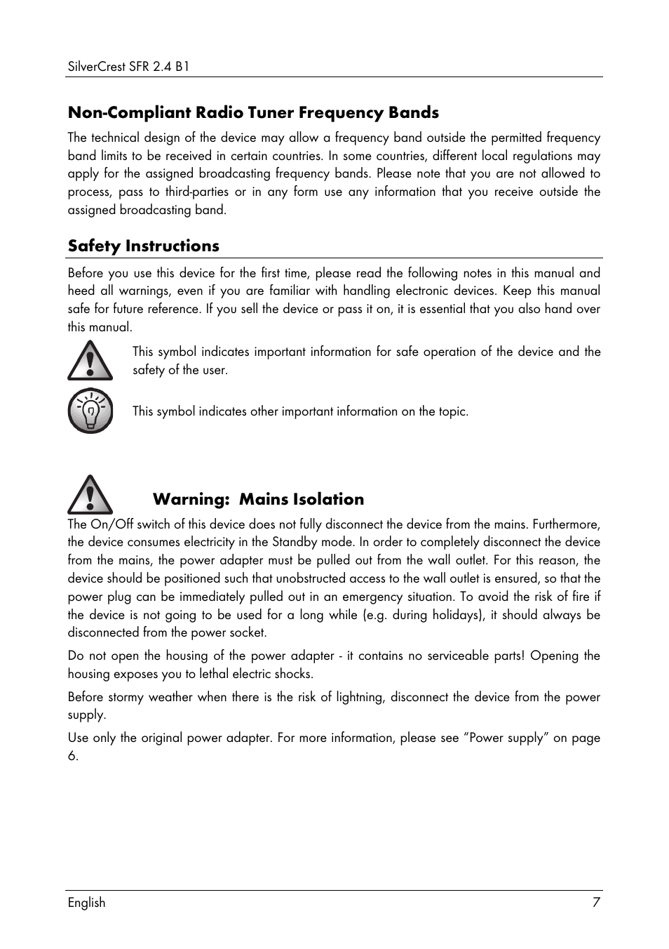 Non-compliant radio tuner frequency bands, Safety instructions, Warning: mains isolation | Silvercrest SFR 2.4 B1 User Manual | Page 9 / 76