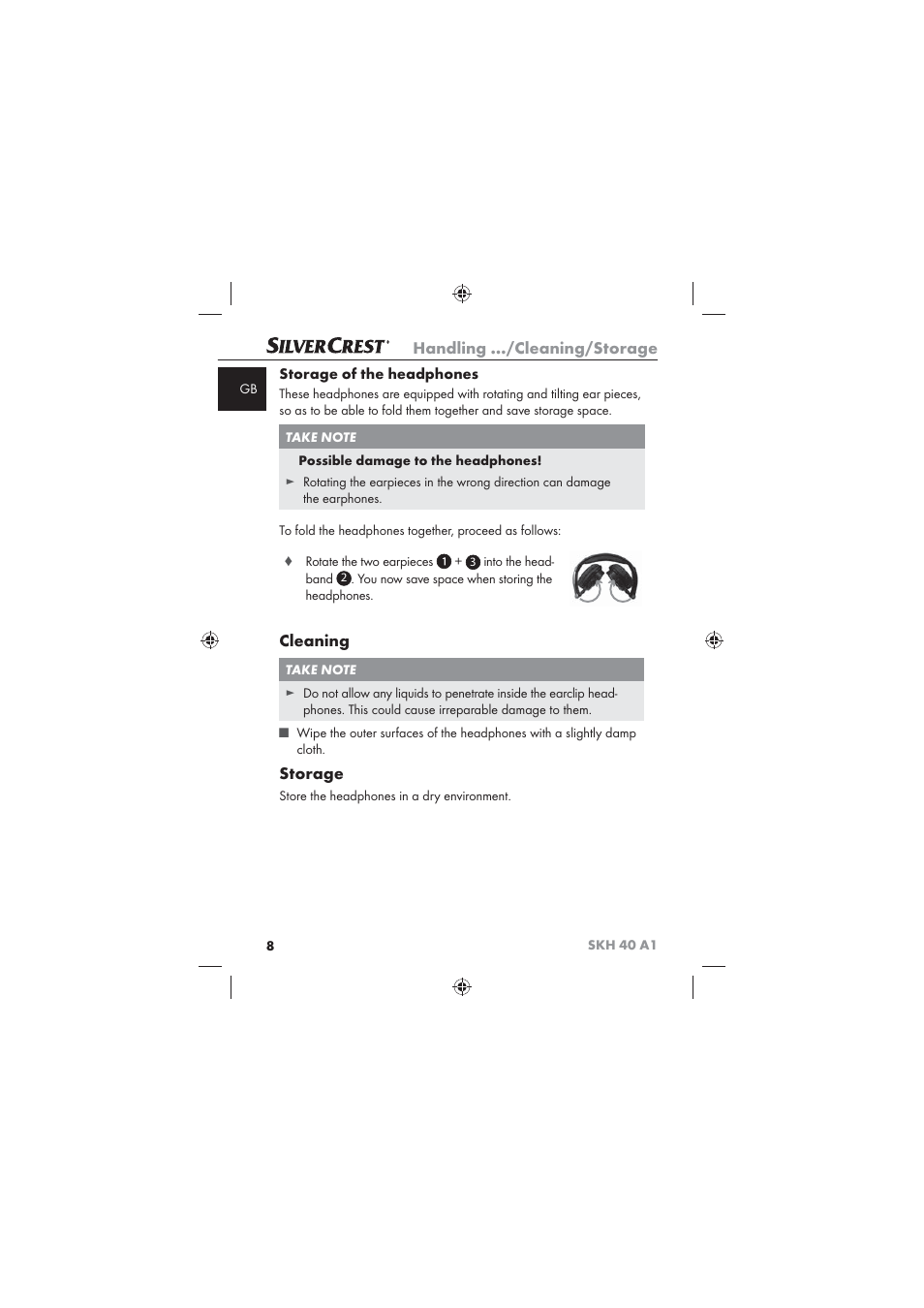 Handling …/cleaning/storage, Cleaning, Storage | Storage of the headphones | Silvercrest SKH 40 A1 User Manual | Page 10 / 74