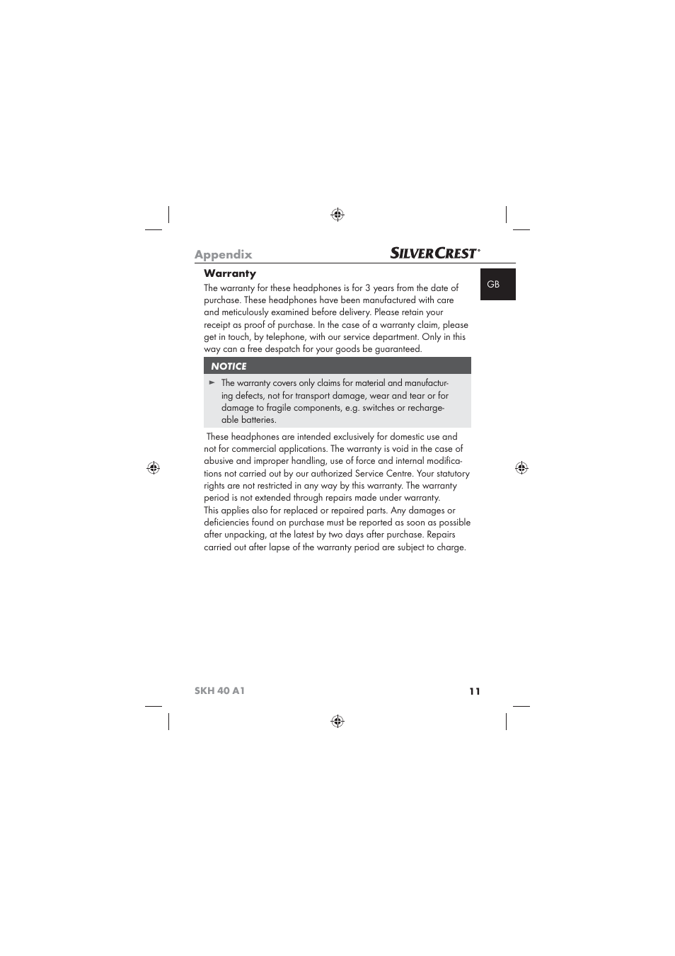 Appendix, Warranty | Silvercrest SKH 40 A1 User Manual | Page 13 / 74