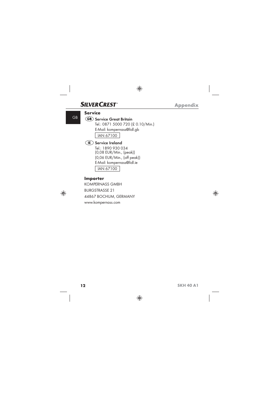 Appendix, Service, Importer | Silvercrest SKH 40 A1 User Manual | Page 14 / 74