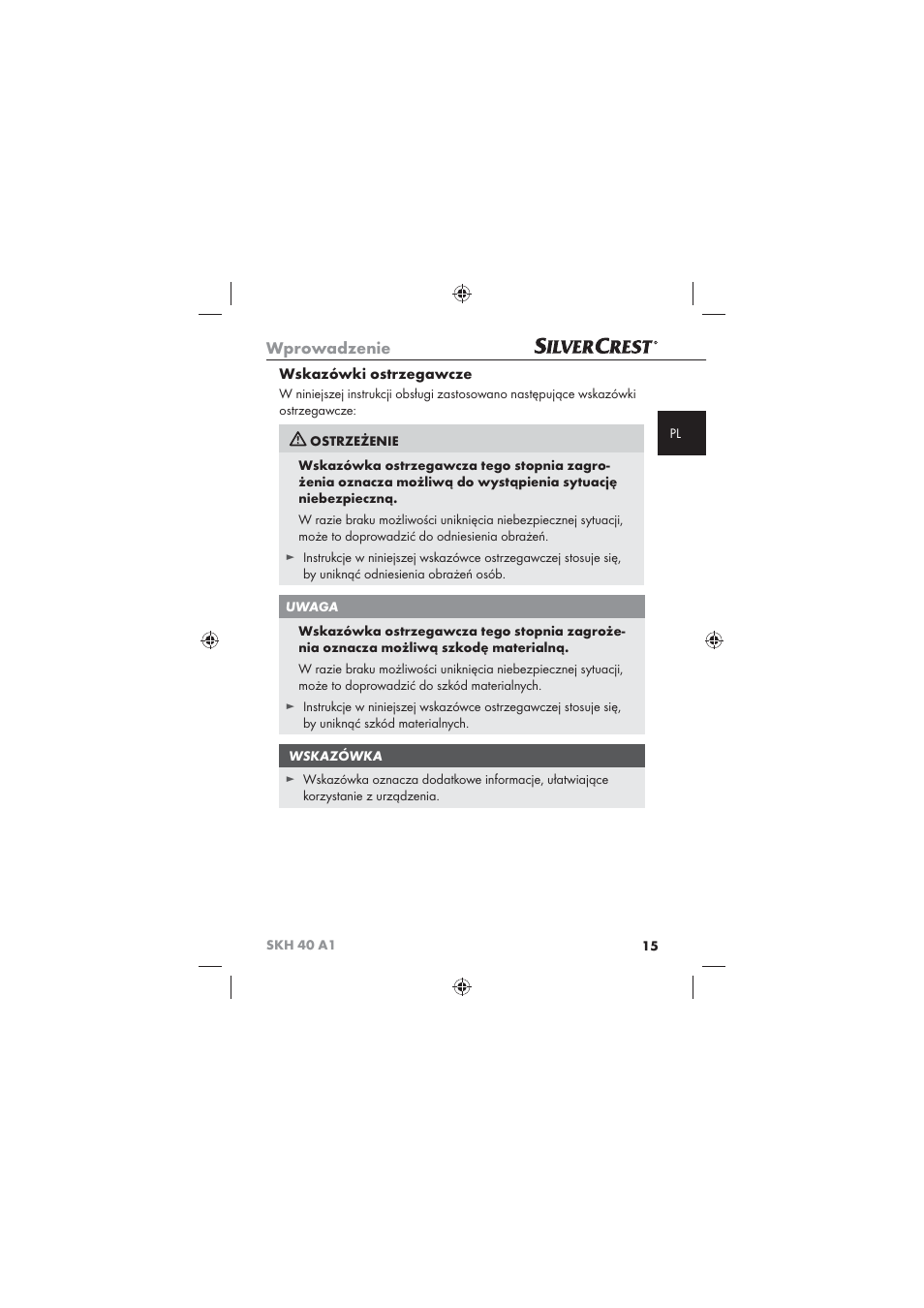 Wprowadzenie, Wskazówki ostrzegawcze | Silvercrest SKH 40 A1 User Manual | Page 17 / 74