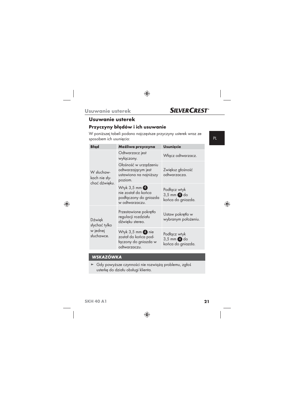 Usuwanie usterek, Przyczyny błędów i ich usuwanie | Silvercrest SKH 40 A1 User Manual | Page 23 / 74