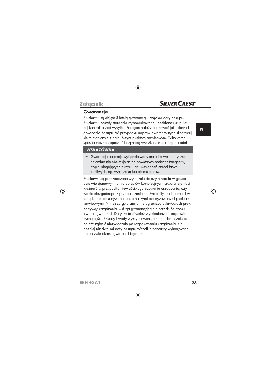 Załącznik, Gwarancja | Silvercrest SKH 40 A1 User Manual | Page 25 / 74