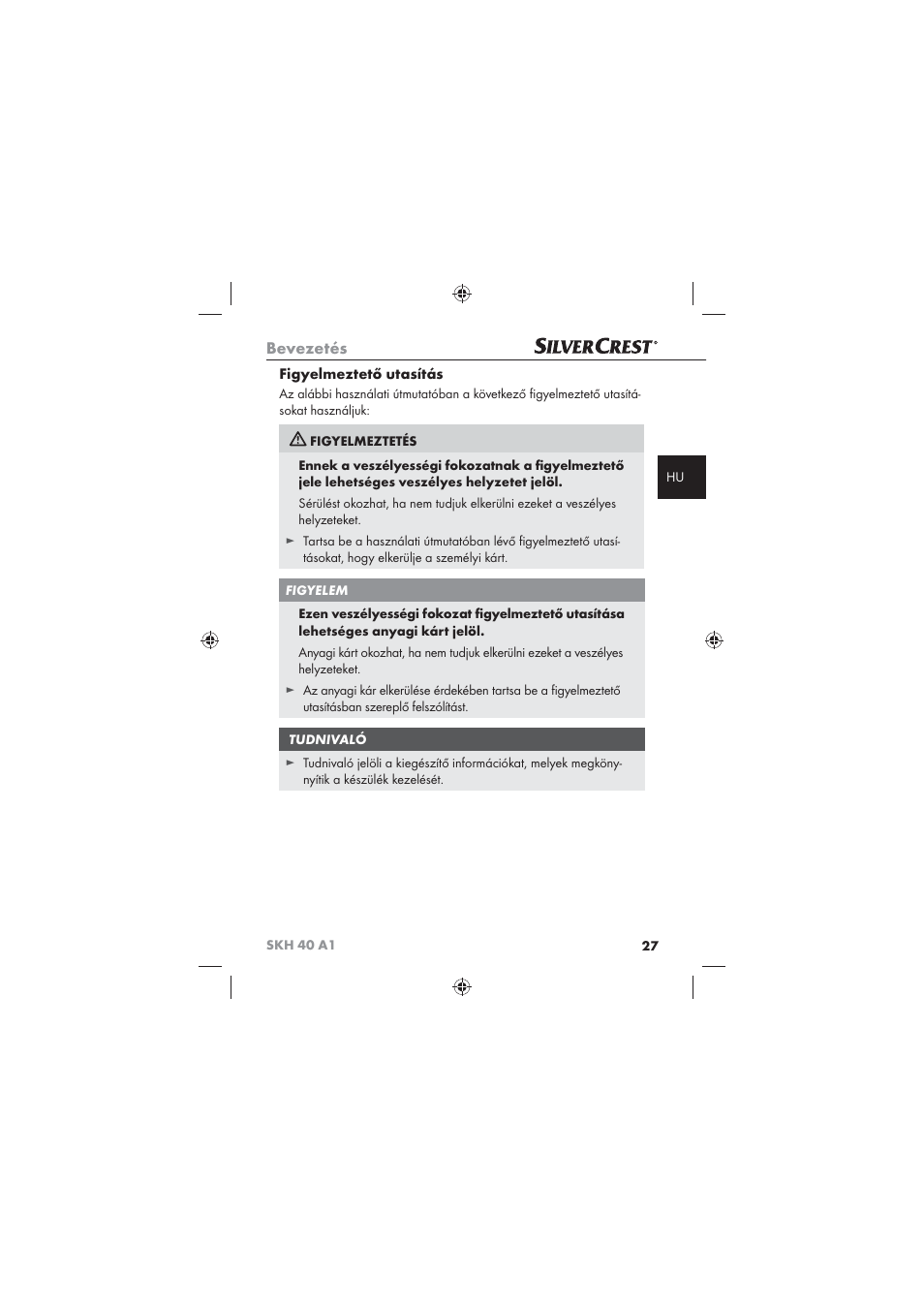 Bevezetés, Figyelmeztető utasítás | Silvercrest SKH 40 A1 User Manual | Page 29 / 74