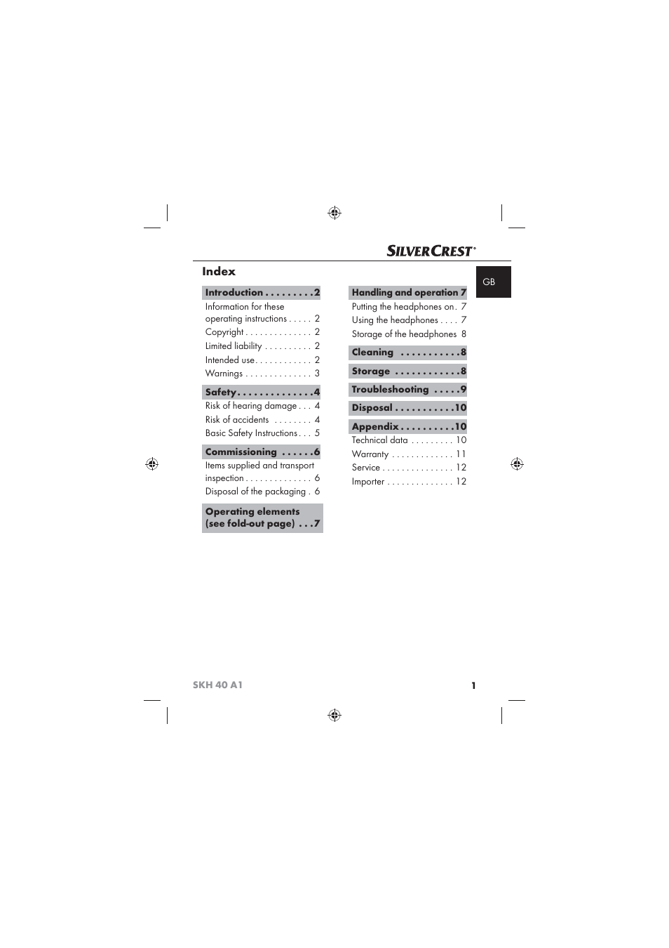 Index | Silvercrest SKH 40 A1 User Manual | Page 3 / 74