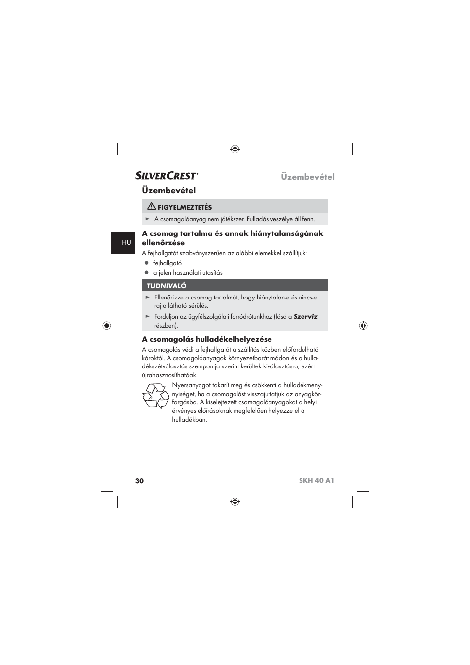 Üzembevétel, A csomagolás hulladékelhelyezése | Silvercrest SKH 40 A1 User Manual | Page 32 / 74
