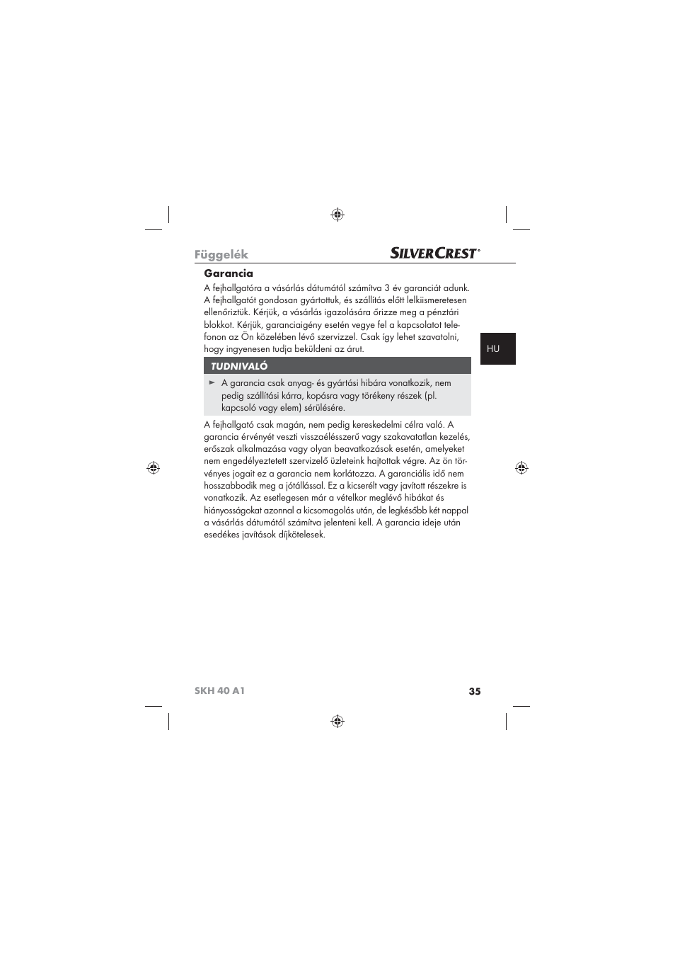Függelék, Garancia | Silvercrest SKH 40 A1 User Manual | Page 37 / 74