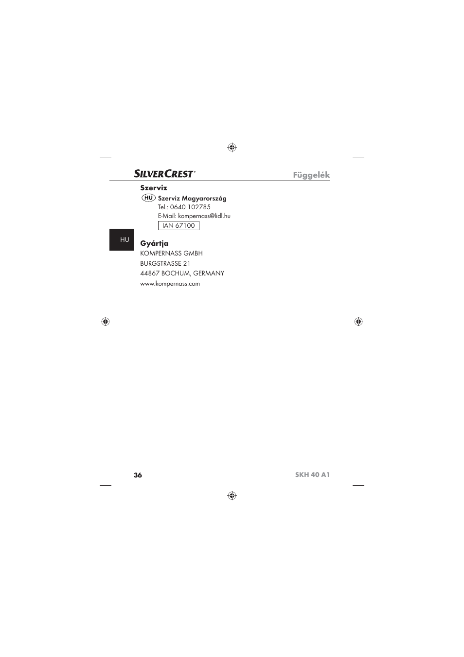 Függelék, Szerviz, Gyártja | Silvercrest SKH 40 A1 User Manual | Page 38 / 74