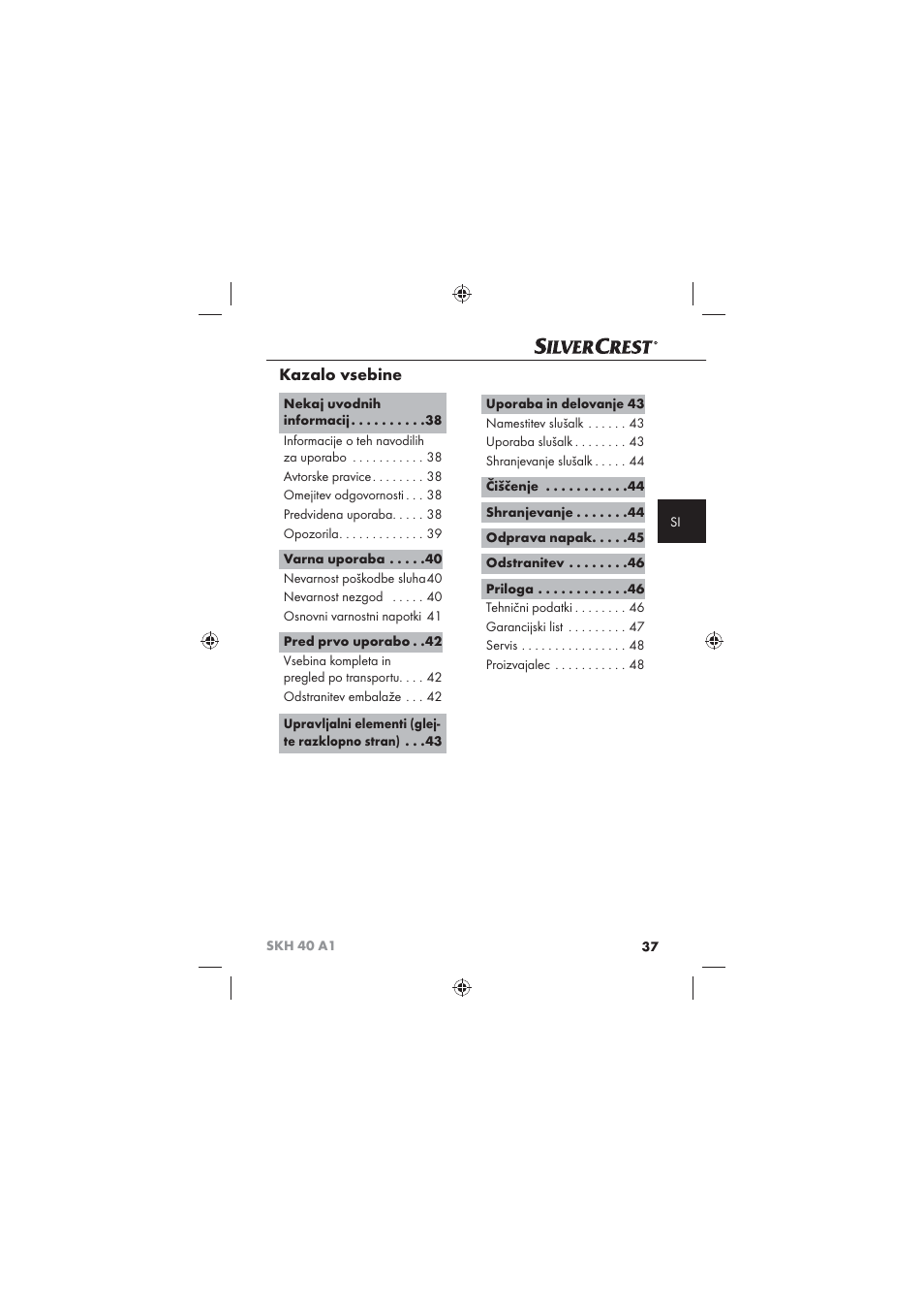 Kazalo vsebine | Silvercrest SKH 40 A1 User Manual | Page 39 / 74