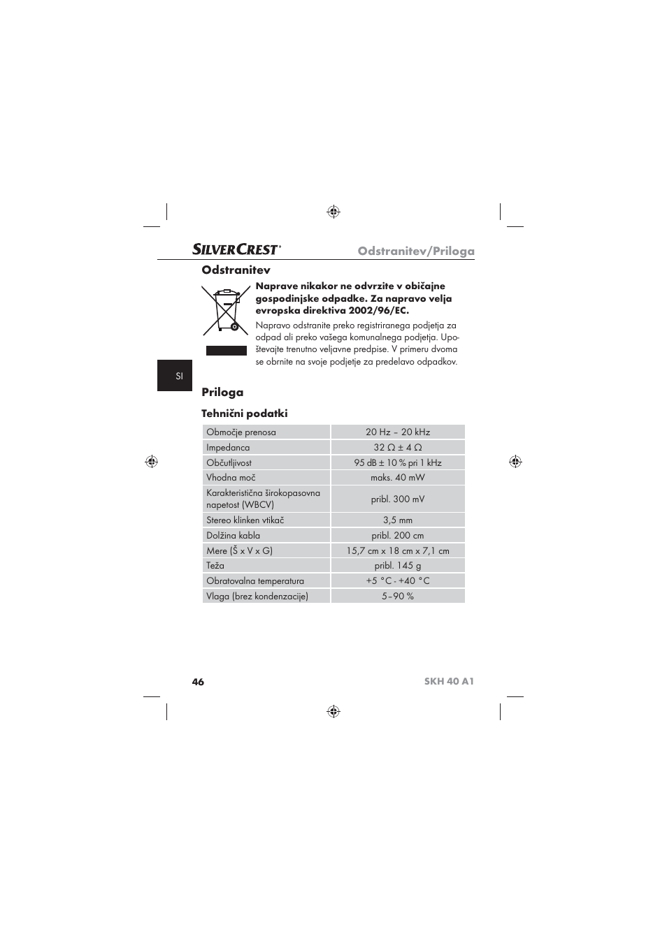 Odstranitev/priloga, Odstranitev, Priloga | Tehnični podatki | Silvercrest SKH 40 A1 User Manual | Page 48 / 74